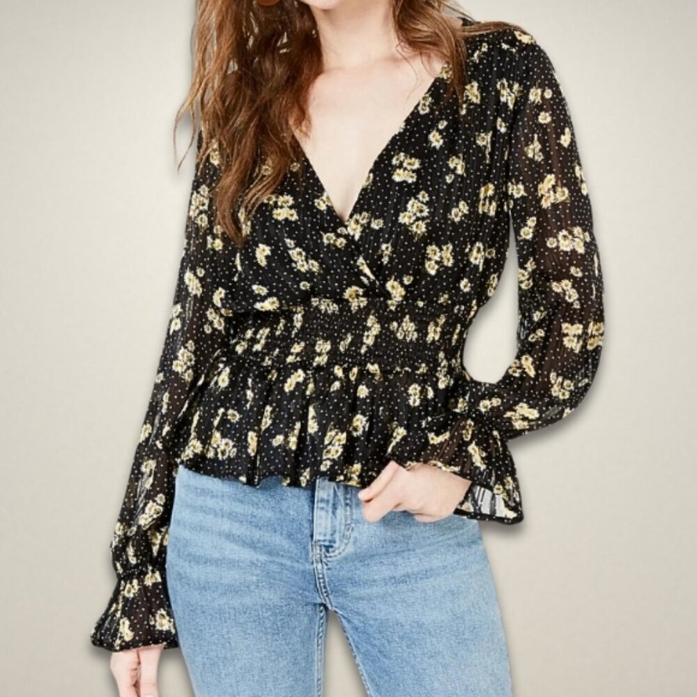 Crave Fame Blouse Peplum Hem Long Sleeves Floral Print Black/Yellow/White W XL